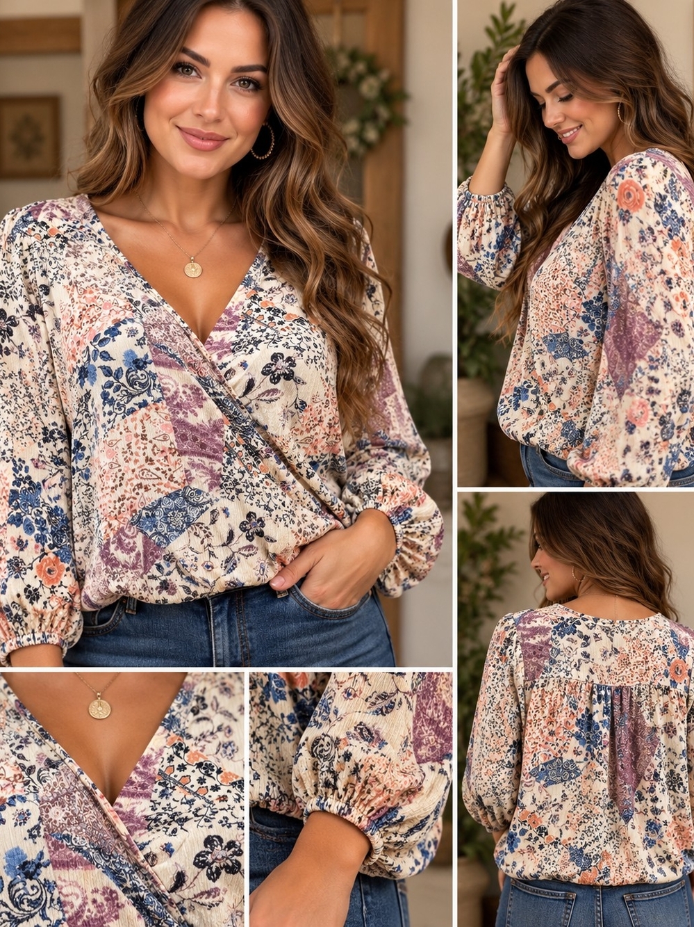 Knox Rose Floral Patchwork Wrap Blouse - Cream/Mauve/Blue